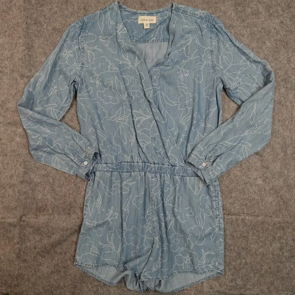 Anthropologie Romper Womens Small Cloth & Stone Floral Chambray Roll Tab Sleeve